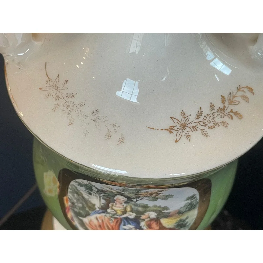 Vintage Fragonard Courting Couple Urn Lamp Green Porcelain Gold Trim Brass Base